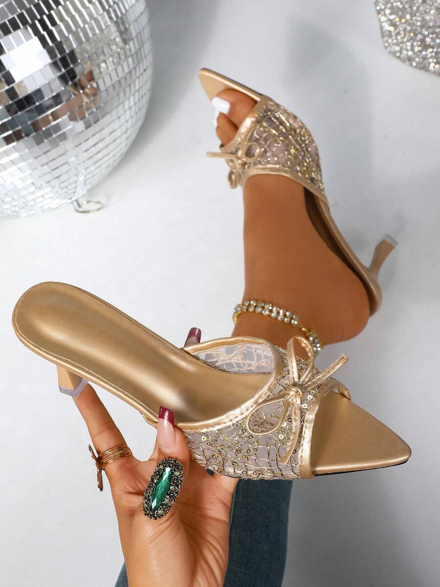 New Summer Pointed Toe Bowknot Mesh Breathable Open Toe High Heel Sandals, Versatile Minimalist Stiletto Sandals For Women - Gold - View 1