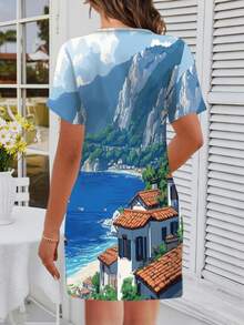 Women's Coastal Village Dress Italian Seaside Art Print Tee Ladies Sport Collection Short Sleeved Relaxed Fit Graphic Summer Vacation Beach Town Souvenir Wear - Nhiều màu - Xem 2