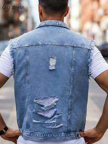 Men's Light Wash Distressed Denim Vest, Sleeveless Frayed Edge Ripped Jean Jacket, Casual Streetwear Utility Pocket Waistcoat For Urban Daily & Outdoor Wear - 淺藍色 - 查看 3