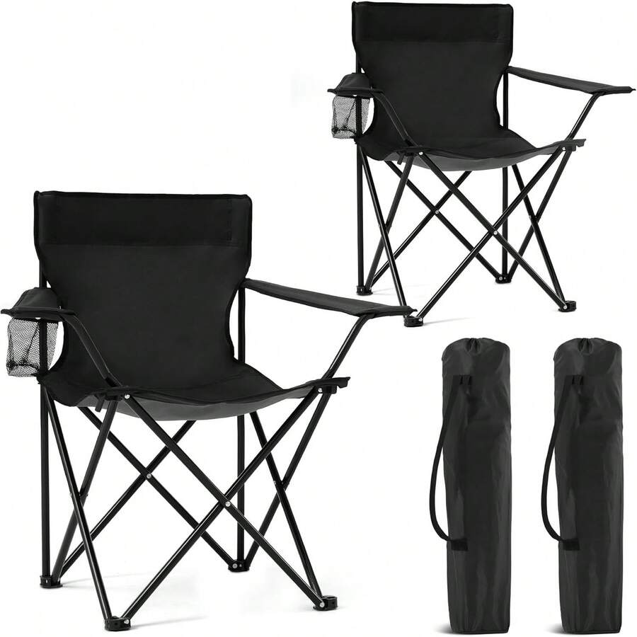 2 Pack Portable Camping Chairs Folding Lawn Chair Outdoor Lightweight Beach Chair With Cup Holder & Carry Bag For Outside Sports, Fishing, Hiking, Travel, Picnic, Backyard (Black-Dark) - 黑褐色 - 查看 1