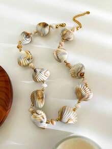 1件海洋度假风多贝壳不对称条纹串珠项链，18K金防水时尚百搭女士项链 - 海貝項鍊 - 查看 6