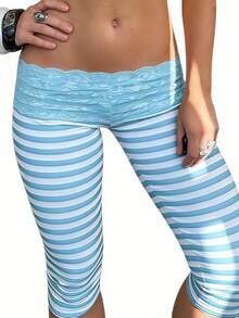 Lace Lettuce Trim Mid Waist Capri Leggings For Women Stripe Elastic Waist Ruffles Hem Tight Slim Fit Cropped Pants Coquette Leggings - 藍色 - 查看 2