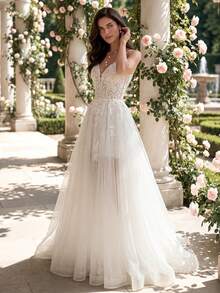 HEARBOBO 吊带白色蕾丝 A 字型婚纱 - 白色 - 查看 6