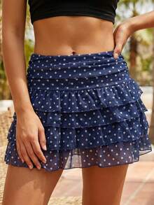 Women's Summer Mini Skirt Casual Stylish Dot Print Layered Ruffled Mid Rise Short Skirt - 藍色 - 查看 3