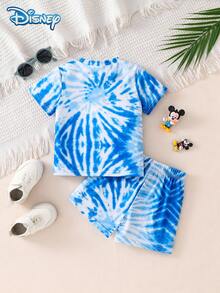 Disney Summer Baby Boy Mickey Mouse Tie-Dye Print Short Sleeve Pajama Set, Soft Knit Elastic Waist Shorts & Tee Loungewear - Blue - View 3