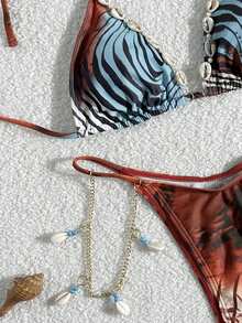 Women's Basic 2-Piece Sexy Leopard Print Bikini Set With Shell Pearl Metal Chain Accessories, Floral Print Backless Tie-Back Beach Vacation Outfit Summer - Multicolor - View 7