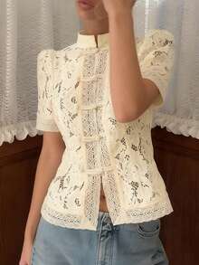 Women Lace Shirt Y2k Long Sleeve Shirt Button-Down Slim Fit Elegant Fall Sheer Tops Clubwear - 杏色 - 查看 2