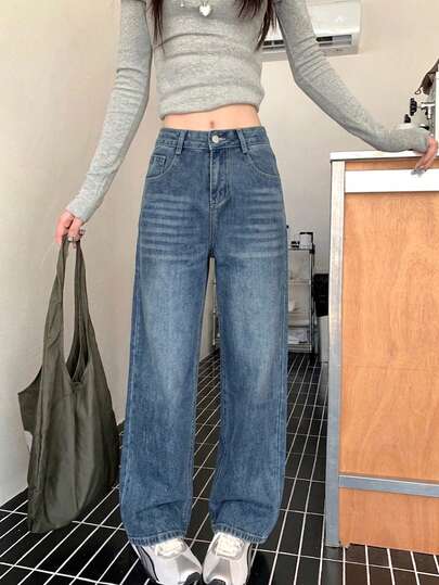 女士休闲日常口袋纽扣牛仔裤