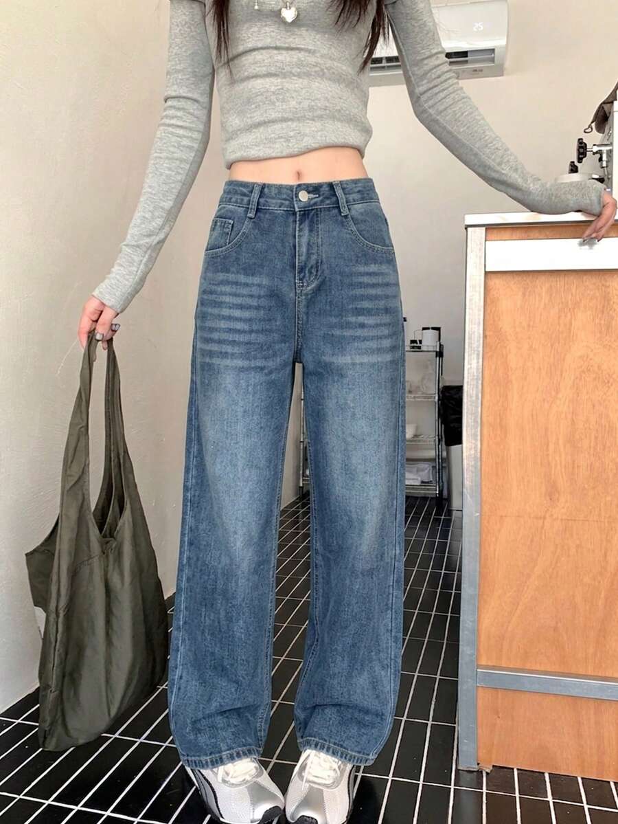 女士休闲日常口袋纽扣牛仔裤 - 藍色 - 查看 1