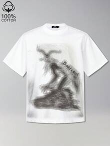 Tiny Spark 男士街头时尚白色T恤，复古怪兽山羊图案印花，哥特风格 - 白色 - 查看 1