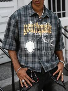 男士休闲时尚街头字母格纹印花宽松衬衫，夏季 - 軍綠色 - 查看 5