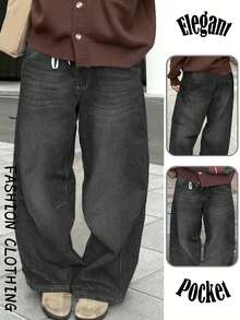 女士黑色直筒牛仔裤 Y2K 度假休闲水洗宽松牛仔裤 优雅复古直筒裤，2026 春夏款 - 黑色 - 查看 1