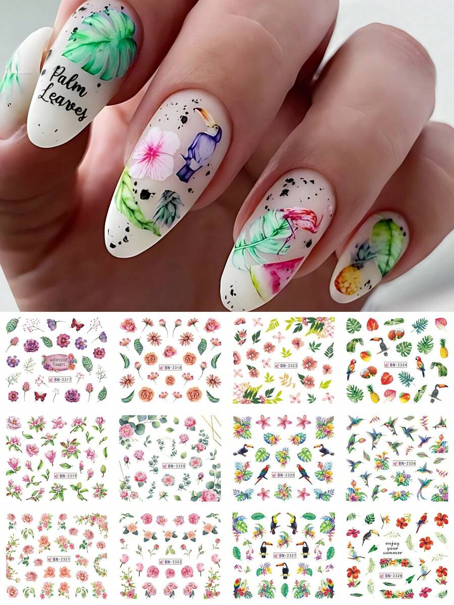 一套12张棕榈叶花卉美甲贴纸，包含玫瑰花、热带雨林植物和鸟类图案，水贴纸，夏日度假风美甲装饰，美甲用品，节日礼物 - 彩色 - 查看 1
