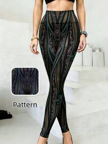 1 Piece Women's High Waisted Black Geometric Floral Printed Yoga Leggings Full Length Stretch Workout Athletic Running Pants - Black - View 10