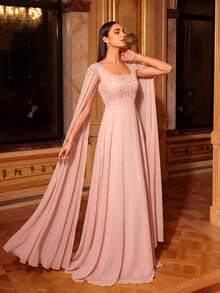 UNITHORSE Women's Square Neck Rhinestone Sequin Sleeve Solid Color Chiffon Evening Gown, Bridesmaid Dress, Wedding Guest Dress, Formal Dress, Bridal Dress, Birthday Dress, Graduation Gown - 粉色 - 查看 6