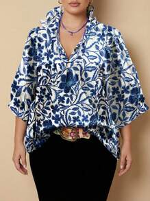 Whisplicity Women's Bohemian Style V-Neck Casual Vacation Floral Print Ruffle Hem Blouse, Spring/Summer - Blue - View 1