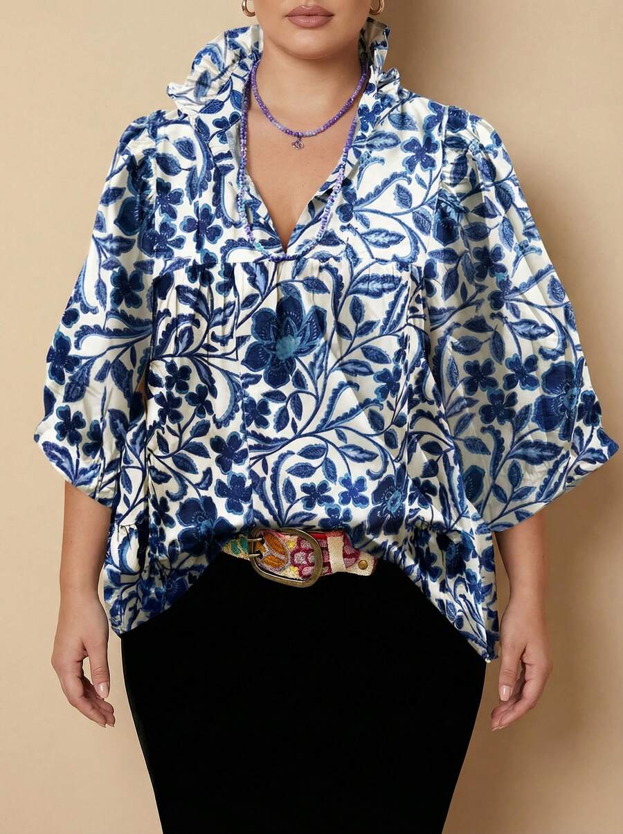 Whisplicity Women's Bohemian Style V-Neck Casual Vacation Floral Print Ruffle Hem Blouse, Spring/Summer - Blue - View 1