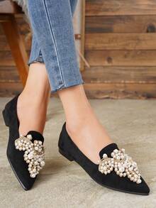 Women's Pointed Toe Retro Versatile Elegant Comfortable Casual Flat Shoes - Black - View 2