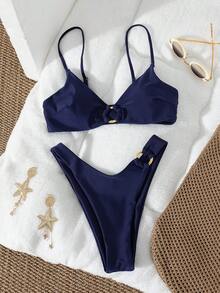 女士纯色金属环可拆卸比基尼套装，配有可拆卸肩带，适合夏季度假 - 寶藍色 - 查看 2