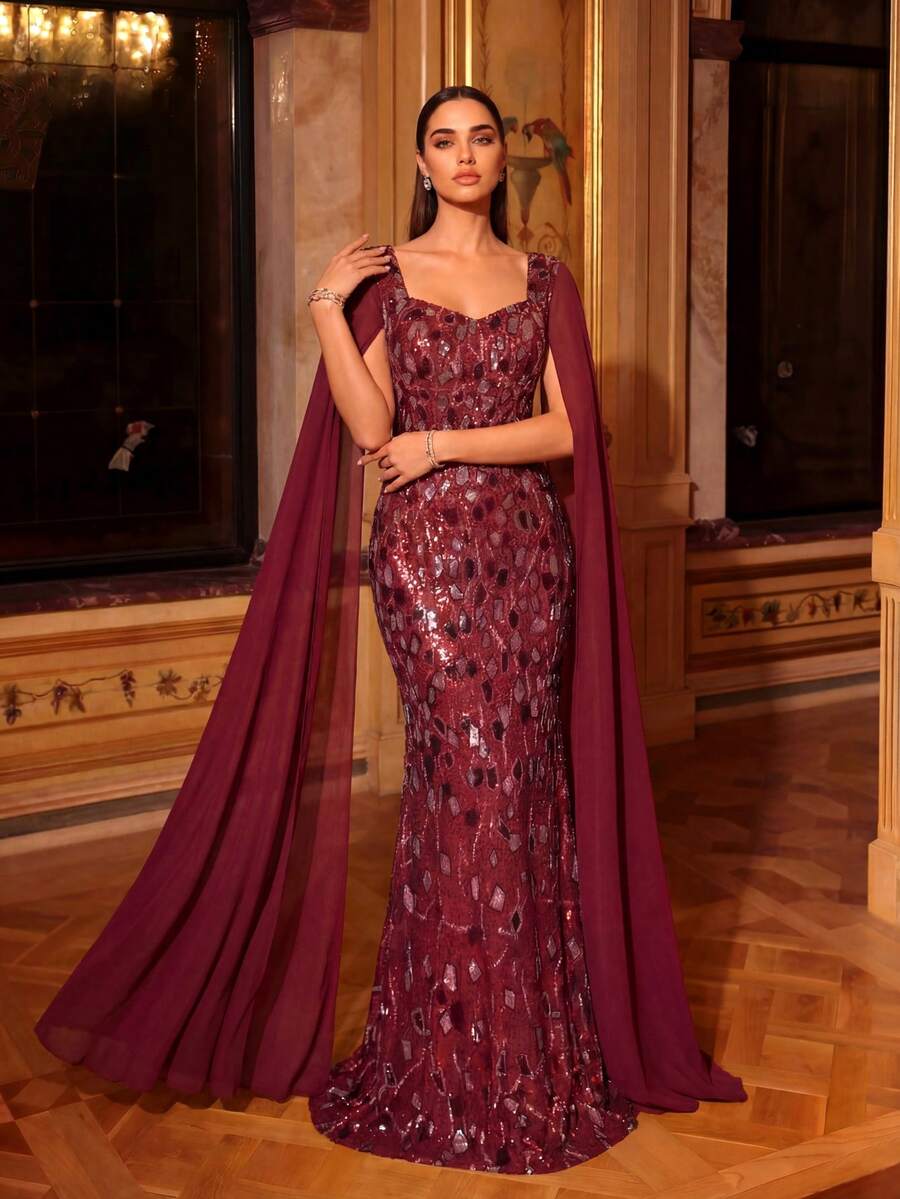 UNITHORSE [Random Print] Women's Sweetheart Neck Fitted Sequin Long Sleeve Evening Gown - Burgundy - View 1