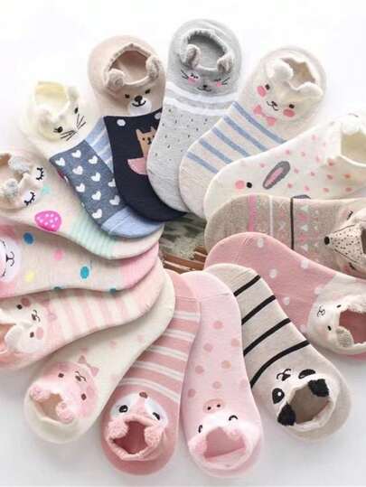KIT 12 Pares de Meias Sapatilhas Cano Curto Feminina Bichinhos Divertidas Modelos Aleatórios