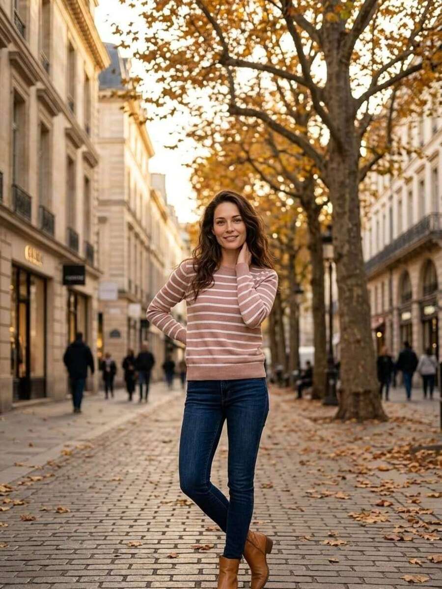 This Women's Striped Round-Neck Blouse Is Made Of Modal Fabric. - Khaki and White - View 1