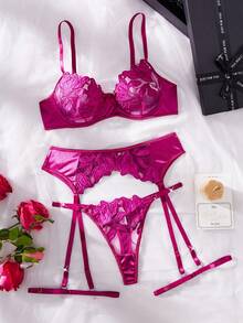 女士性感内衣套装，花卉刺绣薄纱文胸 - 中紫紅色 - 查看 3