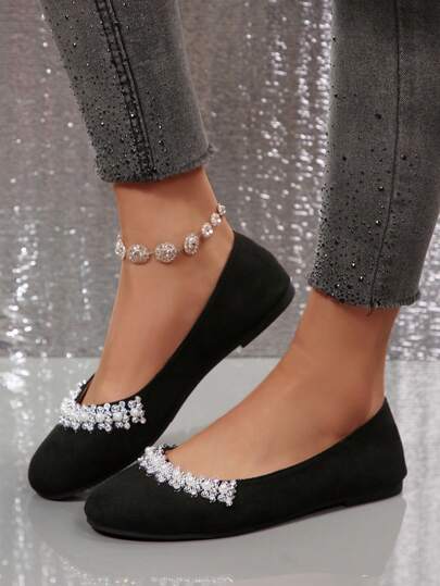 1 par de zapatos de mujer de talla grande con punta redonda, zapatos casuales elegantes de tacón bajo con adorno de strass, aptos para todas las estaciones