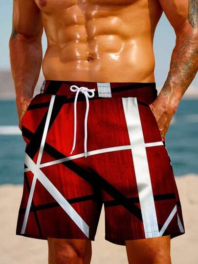 Men's Hawaiian Beach Vacation Casual Outdoor Geometric Stripe 3D Digital Print Lightweight Quick-Dry Beach Shorts