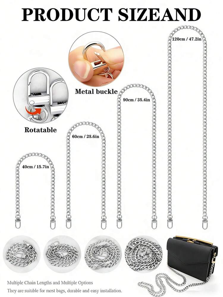 Silver Cuban Link Chain Strap Set (20cm, 39cm, 60cm, 80cm, 120cm), Detachable Multi-Length Silver Luxury Mini Handbag Chain Strap Accessories, Suitable For Crossbody Bag/Handbag/Shoulder Bag, Suitable For Daily Wear, Party, Wedding, Holiday Gift For Women - Silver - View 3