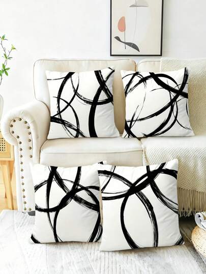 4Pcs Abstract Ink Graffiti Art Decorative Throw Pillow Covers, Black And White, Non-Electric, High-End Linen Cushion Covers For Sofa, Bed, Living Room, And Home Decor - 18x18 Inches