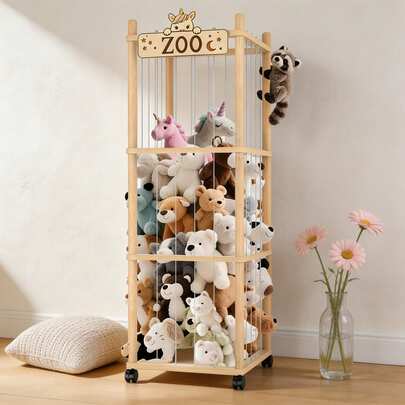Zoo Themed Wooden Rolling Storage Organizer, 4 Tier Open Shelf Cart With Locking Wheels, Large Capacity Display Shelf For Home Decor, Living Room, Bedroom, Office, Craft Supplies, Plant Display, Easy No Tools Assembly, Solid Wood Frame, Rounded Edges, Mobile Storage Rack With Handle, Modern Home Furniture, Housewarming Gift