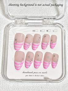 10片极简日常INS风可爱坏女孩Y2K手绘法式粉色条纹五角星水钻杏仁形短款美甲贴纸，按压式美甲 - 粉色 - 查看 3