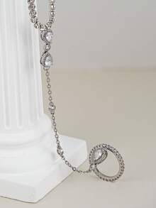 Funkelnder Kubikzirkonia Handketten-Armreif mit Ring für Frauen - verbundener Fingerring-Geschirr-Schmuck für Hochzeit, Abschlussball und den Alltag - Silber - Übersicht 4