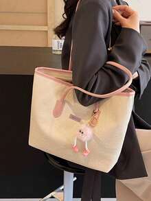 Large Capacity Women's Fashion Multifunctional Shoulder Bag, New Canvas Tote Bag, Suitable For School, Commuting And Shopping (No Pendant) - Pink - View 7