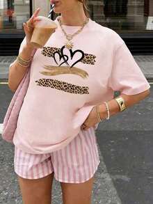 Summer TopsWomen's Summer New Simple Slogan Print Casual Vacation Style Loose Fit Round Neck Short Sleeve T-Shirt, Fashionable Everyday Top, Suitable - 淺粉色 - 查看 8