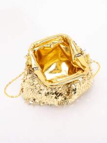 Amorya Women's Shiny Gold Sequin Clutch Bag, Tassel Decorated Evening Bag, Mini Chain Shoulder Bag Suitable For Wedding, Party, Gala - Gold - View 9