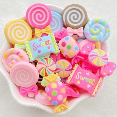 Những chiếc kẹo mút trang trí bằng nhựa resin nhiều màu sắc được vẽ tay - Hình dạng đá quý lồi phẳng, thích hợp để làm móc khóa DIY, trang trí sổ lưu niệm và đồ trang trí đám cưới.