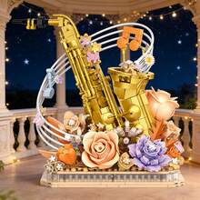 High-Quality Saxophone Building Blocks, Handmade DIY Assembly Model, Vintage Artistic Home Decor, Adult Puzzle Building Blocks Saxophone Instrument Flower Bouquet, Delicate Collectible Desktop Art Piece - Multicolor - View 7