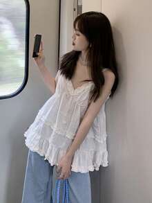 Áo tank top hai dây màu trơn có viền bèo nhún, thích hợp cho kỳ nghỉ hè đi biển, dành cho nữ, màu trắng, phong cách thường ngày. - trắng - Xem 6