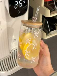 一套/优雅蝴蝶结冰咖啡玻璃吸管杯，宽口玻璃水杯，家用，抹茶吸管杯，优雅吸管玻璃饮具，少女风玻璃吸管杯 - 彩色 - 查看 5