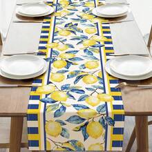 Taplak Meja Musim Panas Motif Pohon Lemon & Lebah, Dekorasi Meja Makan Dapur Liburan Musiman Cocok untuk Pesta di Rumah dan Dalam Ruangan - Biru Kuning - View 1