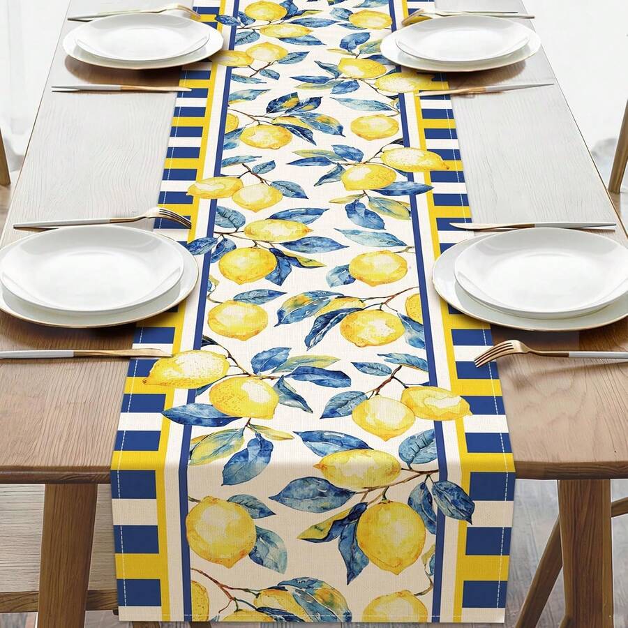 Taplak Meja Musim Panas Motif Pohon Lemon & Lebah, Dekorasi Meja Makan Dapur Liburan Musiman Cocok untuk Pesta di Rumah dan Dalam Ruangan - Biru Kuning - View 1
