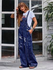 Women's Y2K Fashionable Slim Fit Casual Denim Overalls, Paired With Sexy Backless, Suitable For All Seasons, Suitable For Parties, Birthday Parties, Evening Parties, Dances/Banquets, Fashion Shows, Celebrations, Cocktail Parties, Music Festivals, Concerts - 淺藍色 - 查看 4