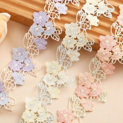 5 Yards Water-Soluble Embroidered Lace Trim, Floral & Leaf Shapes, Fresh Macaron Style, Suitable For DIY Clothing Decoration, Home Decor, Holiday Decoration, Craft Making