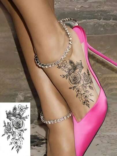 1 hoja de tatuaje temporal de arte corporal, unisex, con patrón de corona de rosas negras, tatuaje falso impermeable que dura de 2 a 5 días, puede cubrir cicatrices, se puede usar en brazos, muñecas, hombros, piernas, cintura, cuello, manos, pecho, muslos, dedos, tobillos y otras partes, adecuado para fiestas, regalos, vacaciones, decoración corporal y otras ocasiones.