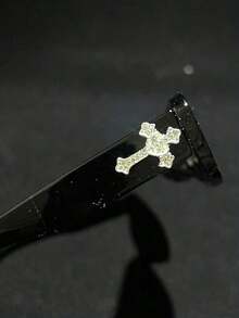 1pc Crystal Cross Heart Metal Decor , Retro Small Square Frame Tinted Vintage Classic Fashion Stylish Luxury Travel Eyewear, Tortoiseshell - 黑色邊框/全灰色膠片(附菱形十字) - 查看 7