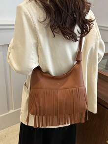 新款复古流苏手提包，时尚简约休闲大容量斜挎单肩包 - 棕色 - 查看 4