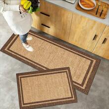 Farmhouse Rustic Jute Textured Area Rug Set, Double Border Print Floor Carpet, 3 Pcs Non-Slip Mat For Front Door Entryway, Non-Slip, Absorbent, Washable Polyester, Kitchen And Laundry Area, Laundry Room | Decorative Floor | Absorbent - Multicolor - View 5