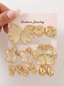 12 piezas Conjunto de aretes de diseños surtidos a la moda que incluyen textura de abanico, flores de cinco pétalos, flores redondas retorcidas, formas de gota de agua, nudos de mariposa, pendientes florales simétricos, adecuados para uso diario o fiestas, gran regalo para amigos y familiares - Dorado - Ver 2